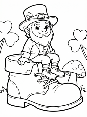 A tiny leprechaun with a pointed hat and buckle shoes sits comfortably on a very large, weathered boot, surrounded by a festive St. Patrick's Day setting.