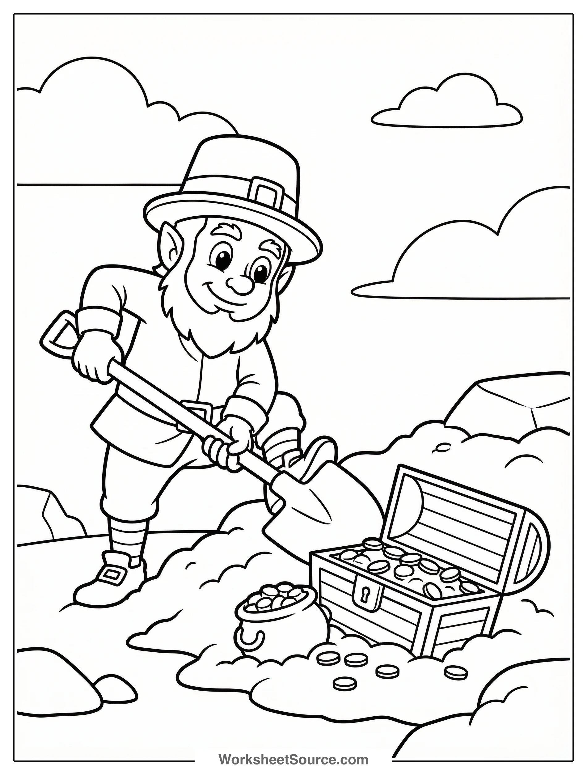 A joyful leprechaun wearing a tall green hat and suit, happily digging with a shovel, searching for a pot of gold or buried treasure.
