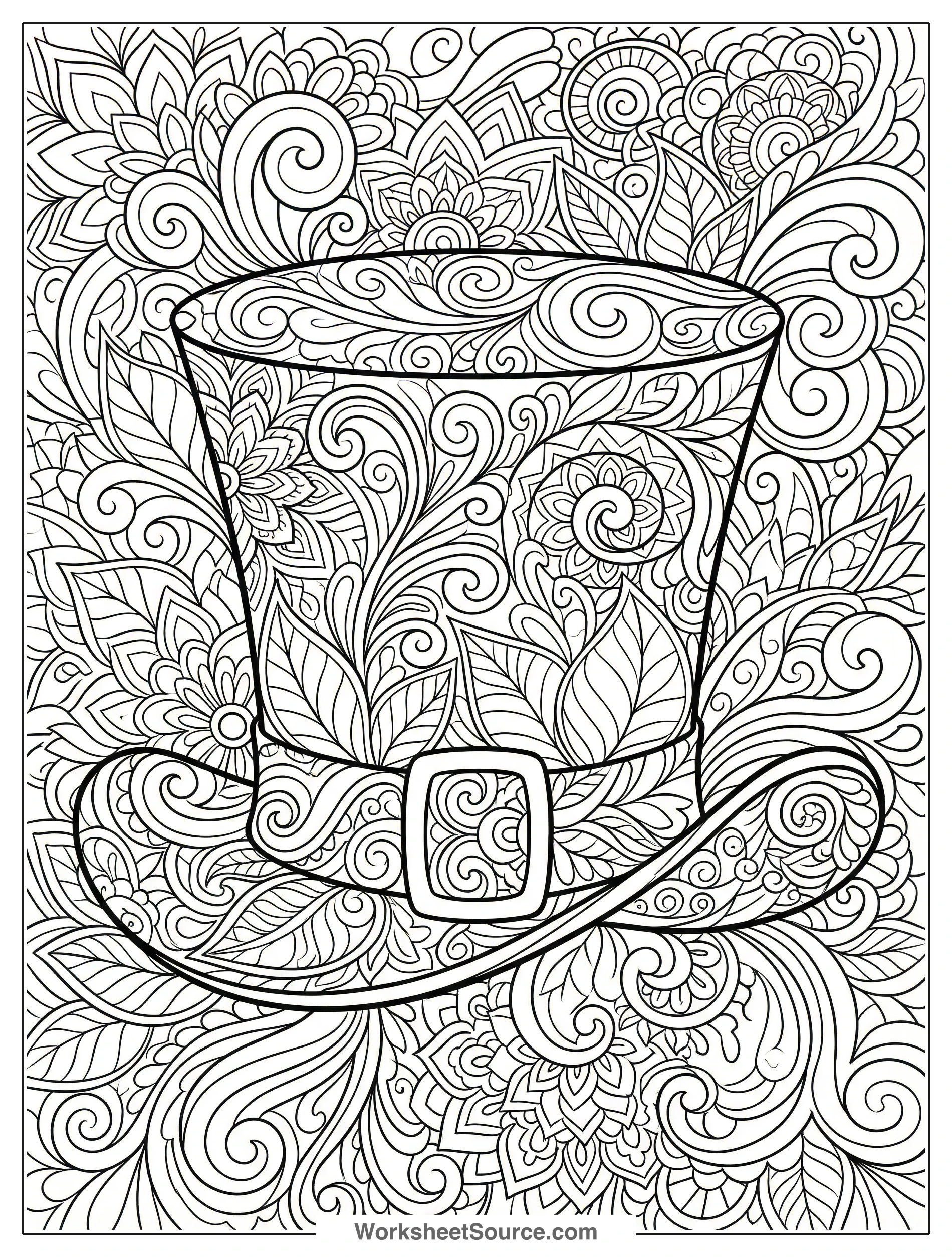 Intricate Zentangle style leprechaun hat coloring page filled with swirling patterns and detailed designs, perfect for adults and teens.