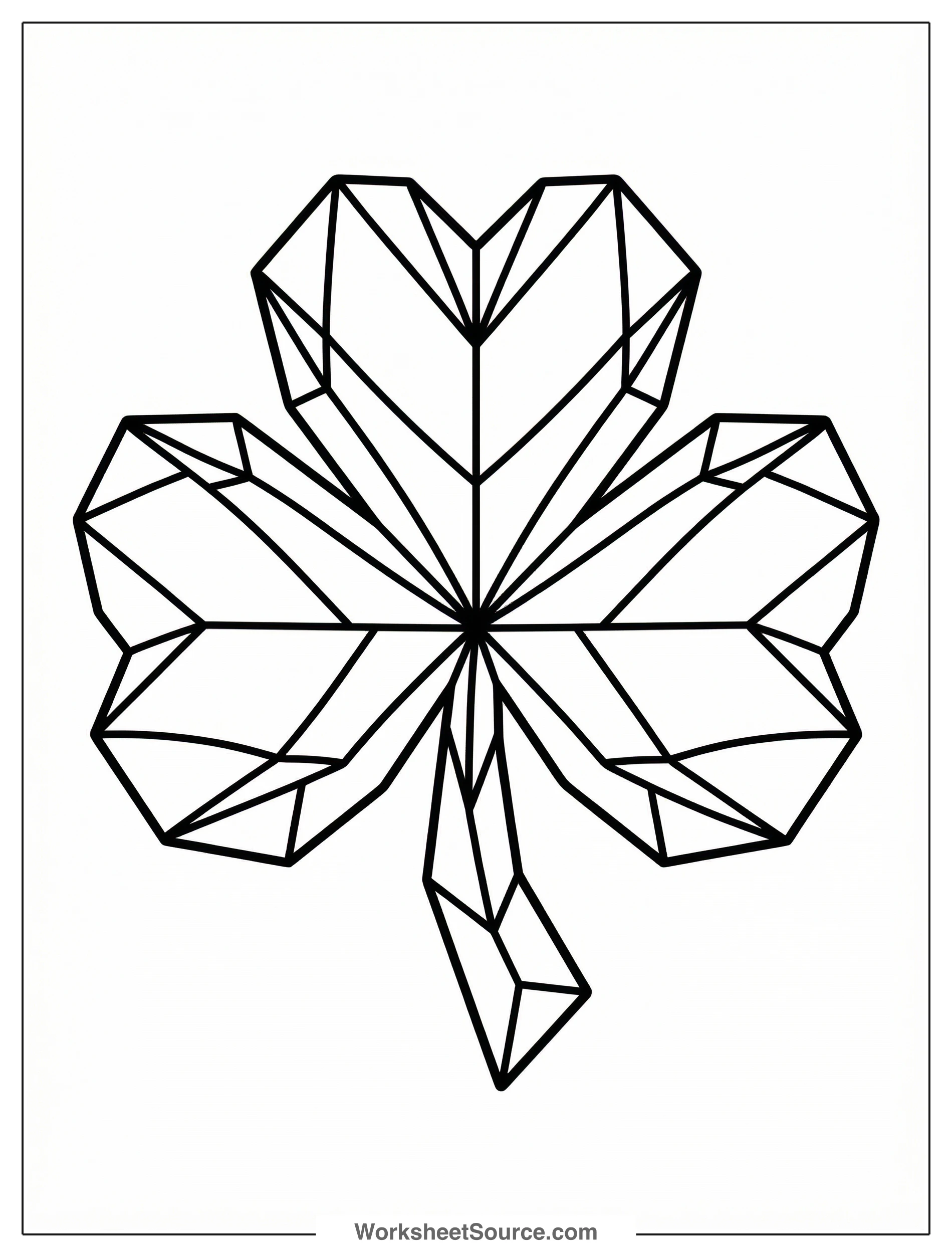 Stylized geometric shamrock coloring page featuring sharp lines and intricate facets, designed for teens and adults. Modern abstract interpretation suitable for advanced artistic coloring.