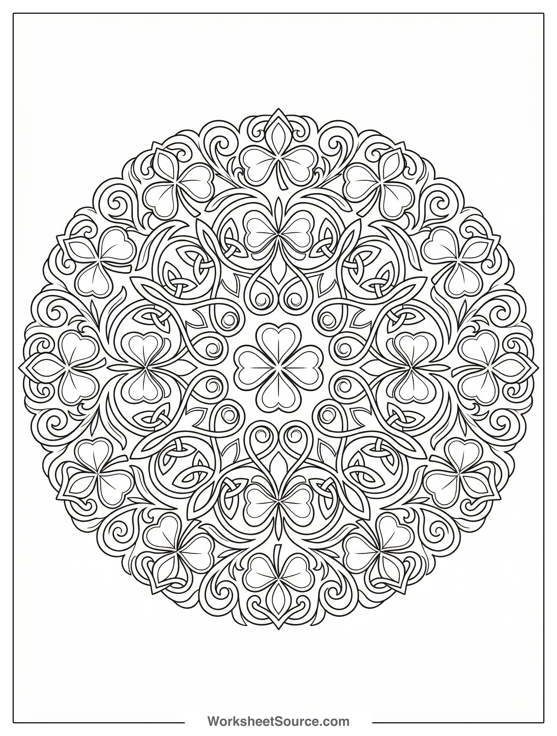Intricate circular mandala design composed entirely of numerous detailed shamrock patterns, suitable for adult and teen coloring. Features complex, symmetrical lines.