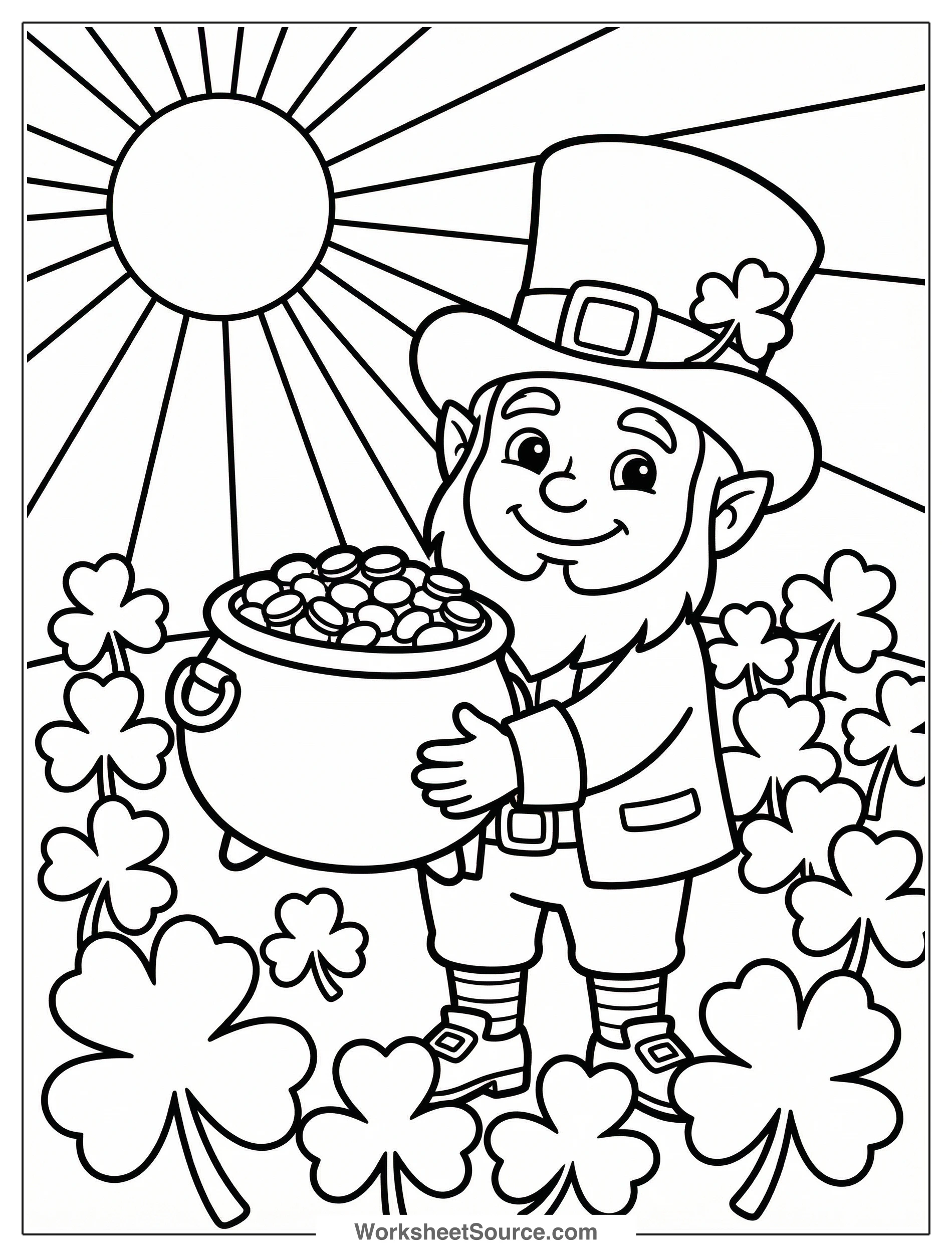 A vibrant coloring page depicting a field filled with many three leaf shamrocks under a bright, smiling sun in the sky.