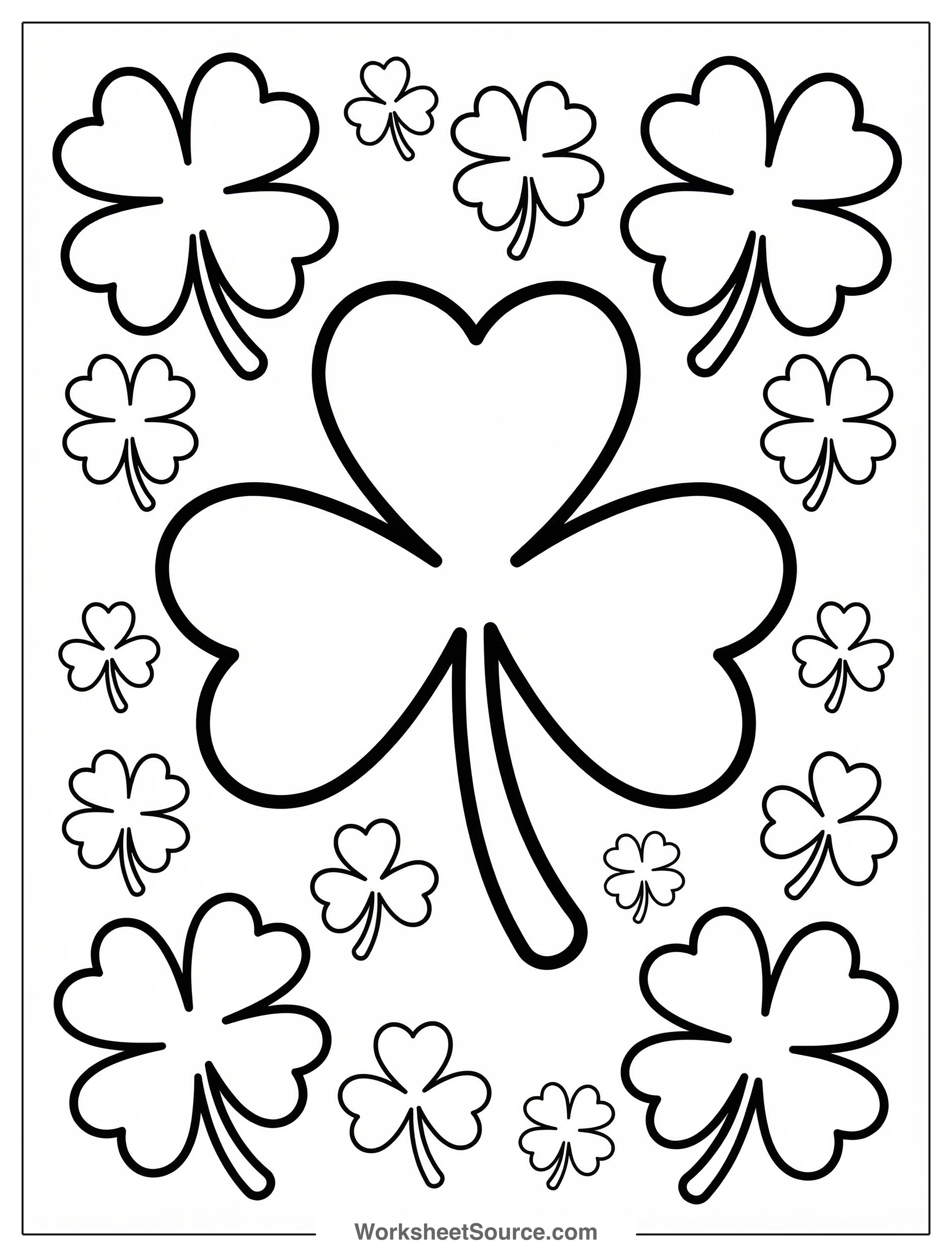 A black and white coloring page featuring multiple shamrock designs in various sizes, ready for creative coloring on St. Patrick's Day.