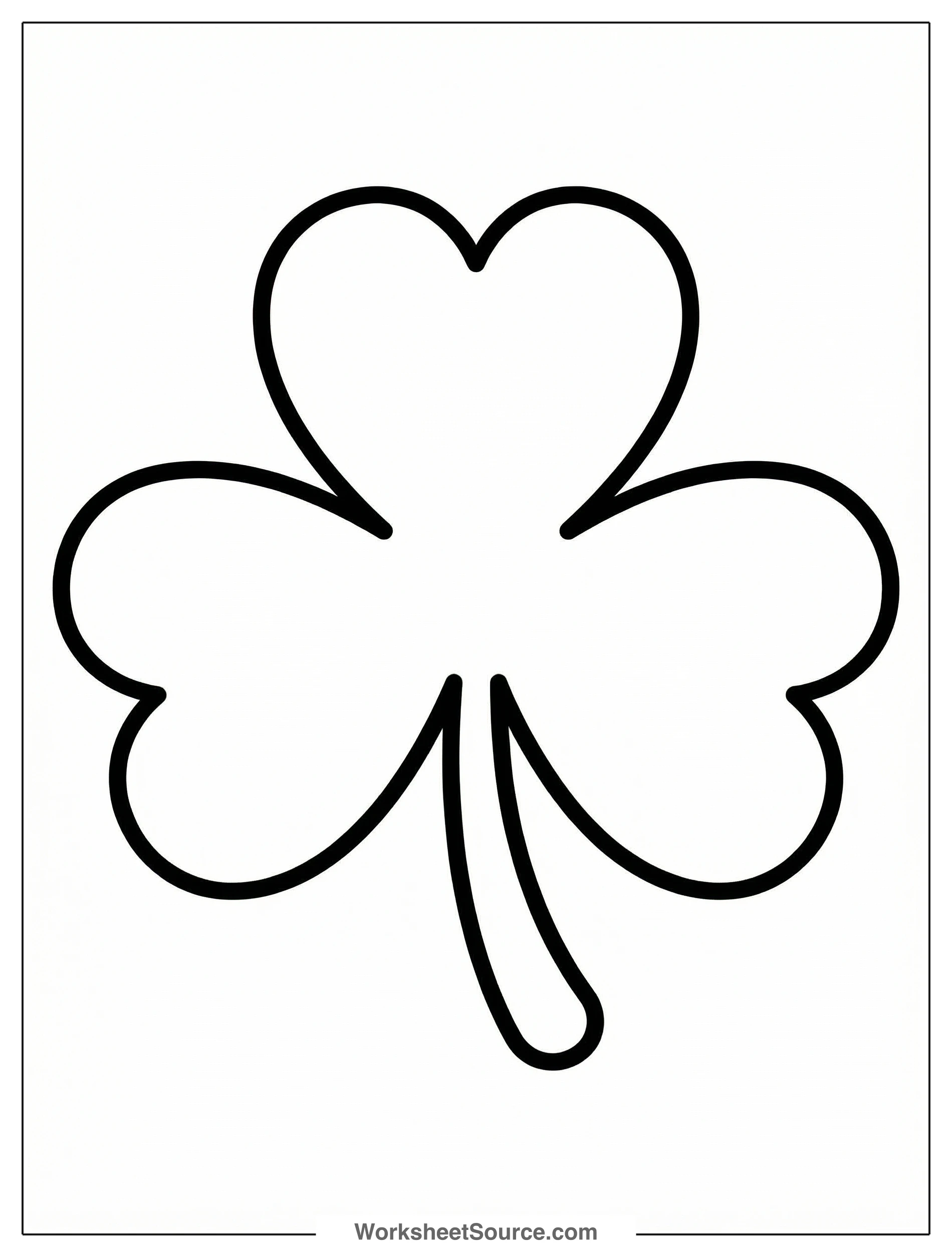 A simple, clear outline of a three-leaf shamrock with a short stem, perfect for easy coloring by young artists. Ideal for St. Patrick's Day celebrations.