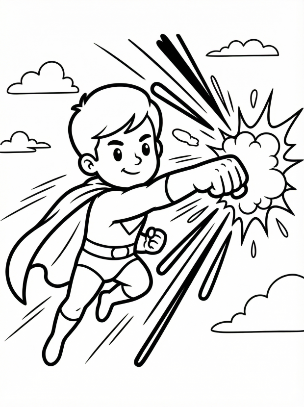 Free printable coloring page showing a flying superhero punching with motion burst, perfect for kids to practice coloring and storytelling