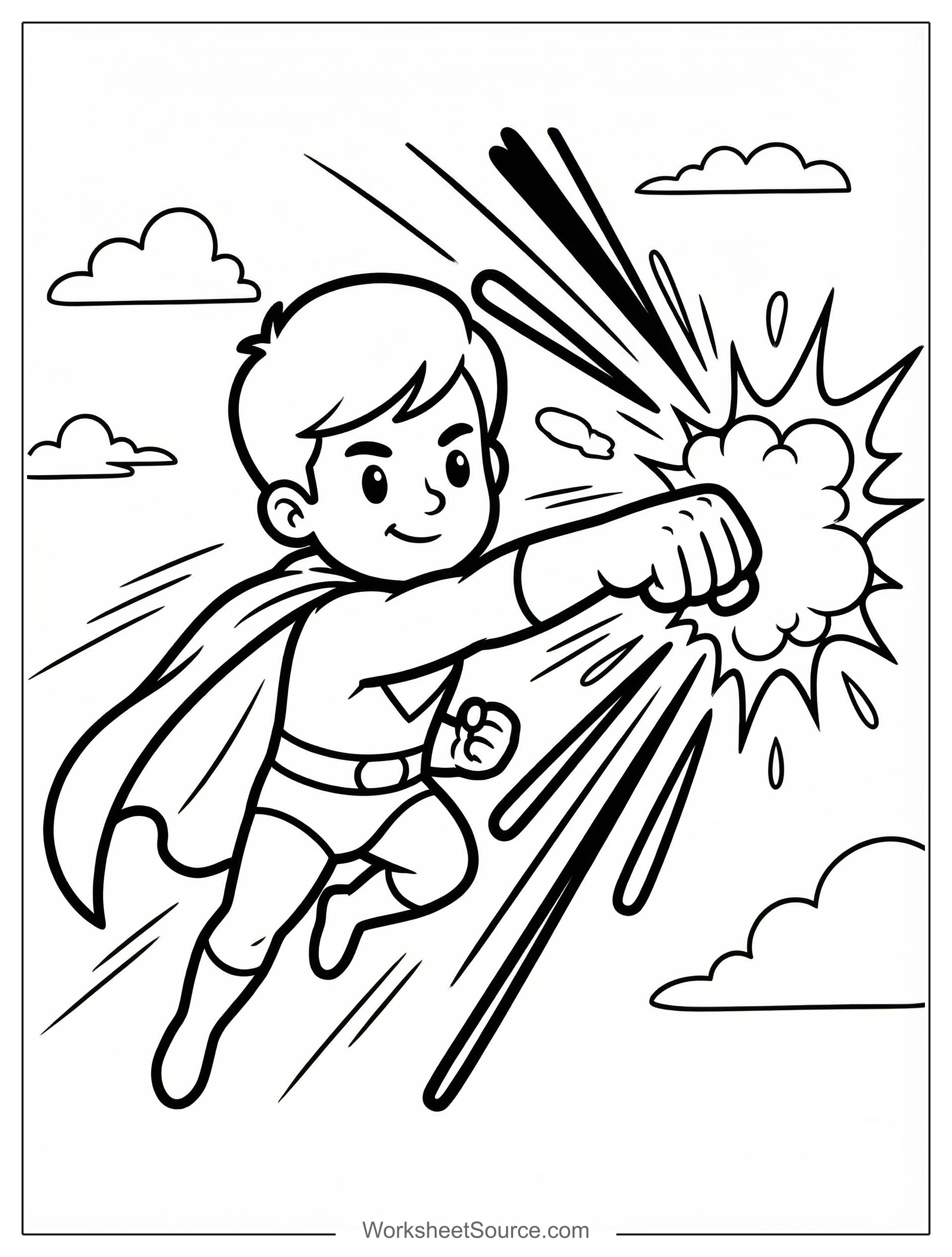 Free printable coloring page showing a flying superhero punching with motion burst, perfect for kids to practice coloring and storytelling