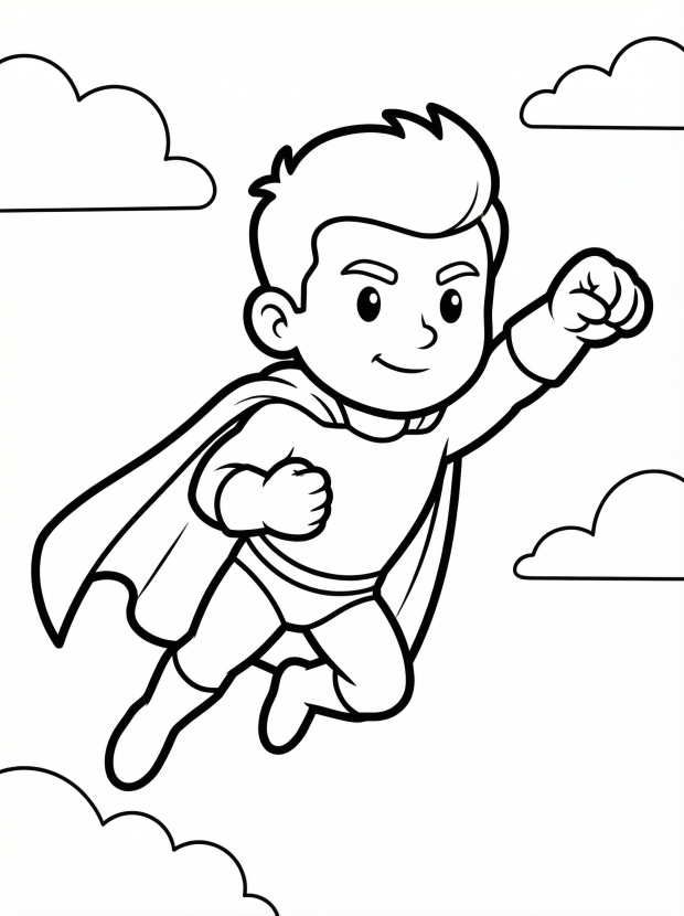 Free printable coloring page showing a superhero flying with a cape, perfect for kids to practice creativity and fine motor skills