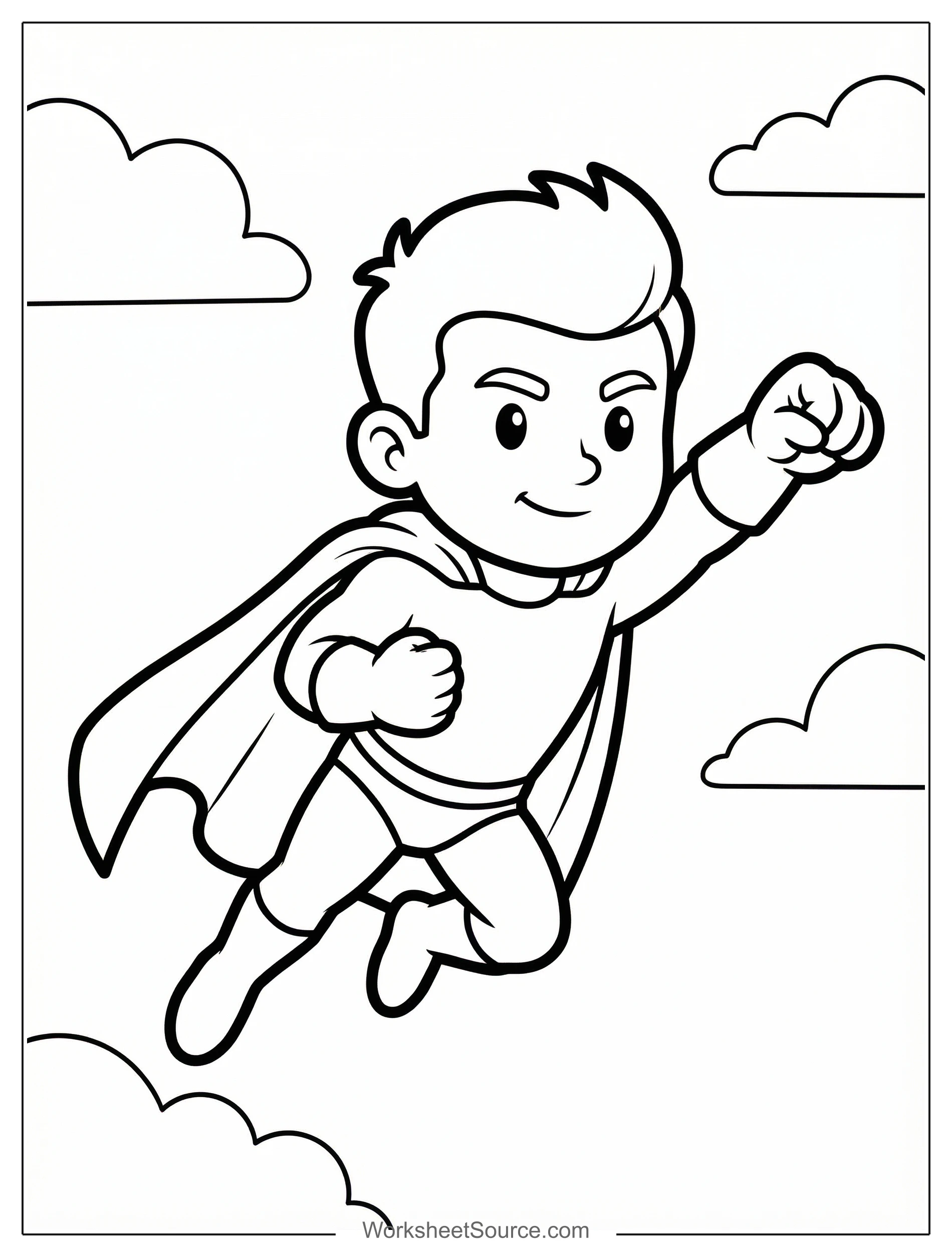 Free printable coloring page showing a superhero flying with a cape, perfect for kids to practice creativity and fine motor skills