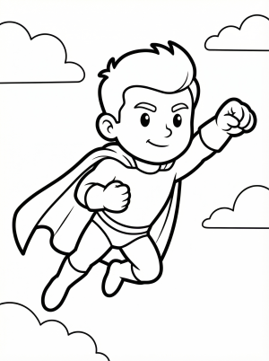 Free printable coloring page showing a superhero flying with a cape, perfect for kids to practice creativity and fine motor skills
