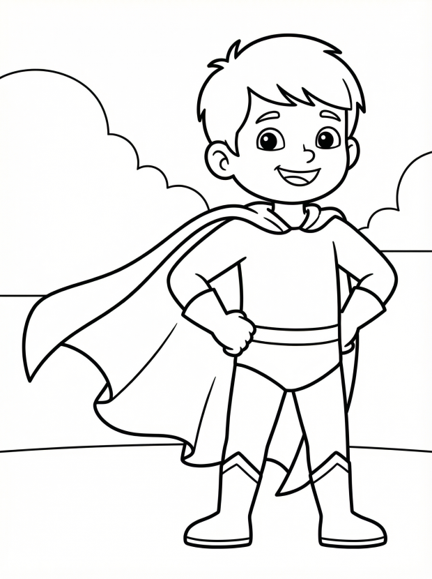 Free printable coloring page showing a smiling superhero with a flowing cape, perfect for kids to practice coloring and creativity