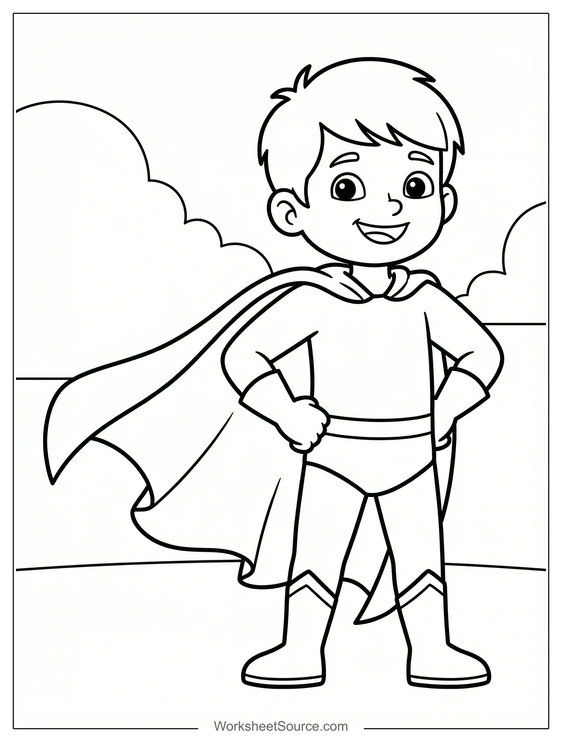 Free printable coloring page showing a smiling superhero with a flowing cape, perfect for kids to practice coloring and creativity