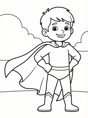 Free printable coloring page showing a smiling superhero with a flowing cape, perfect for kids to practice coloring and creativity