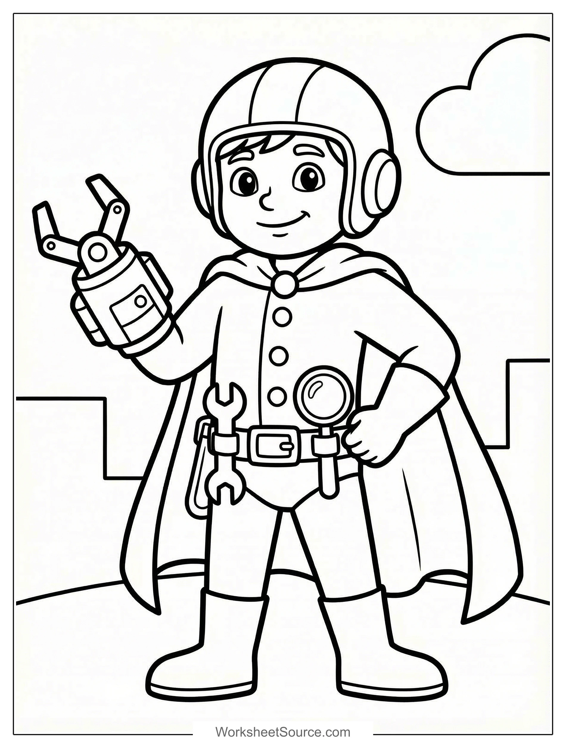 Free printable coloring page showing a hero with gadgets and tools, perfect for kids to explore creativity and fine motor practice