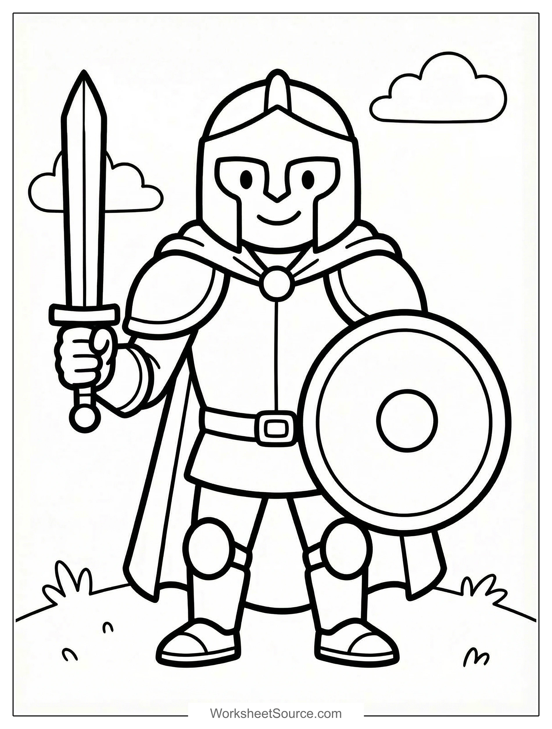 Free printable coloring page showing a hero in armor with a shield and sword, perfect for kids to practice coloring skills and creativity