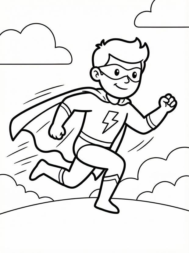Free printable coloring page showing a hero running with super speed, perfect for kids to practice creativity and fine motor skills