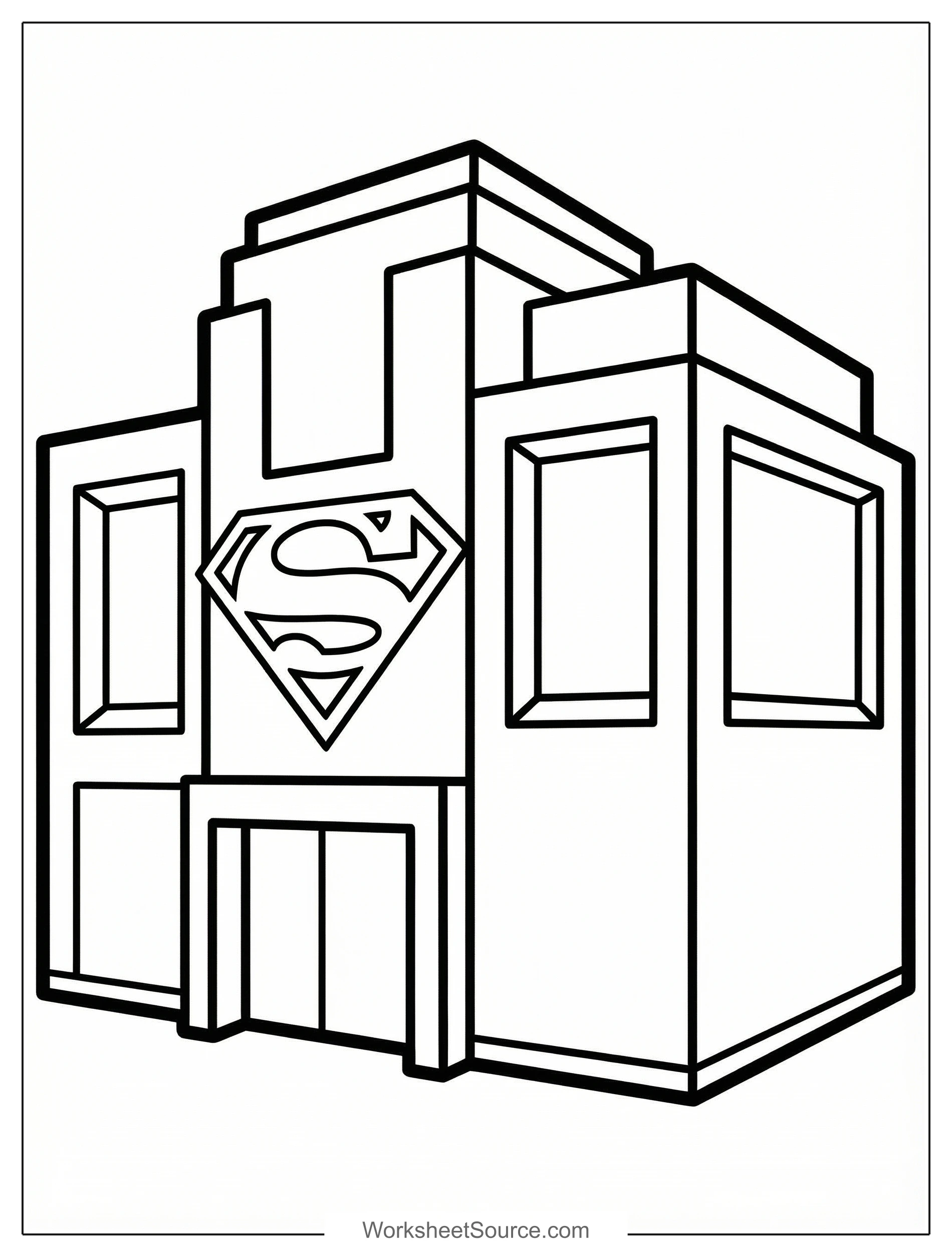 Free printable coloring page showing a superhero headquarters building with emblem, perfect for kids to practice coloring and spatial reasoning