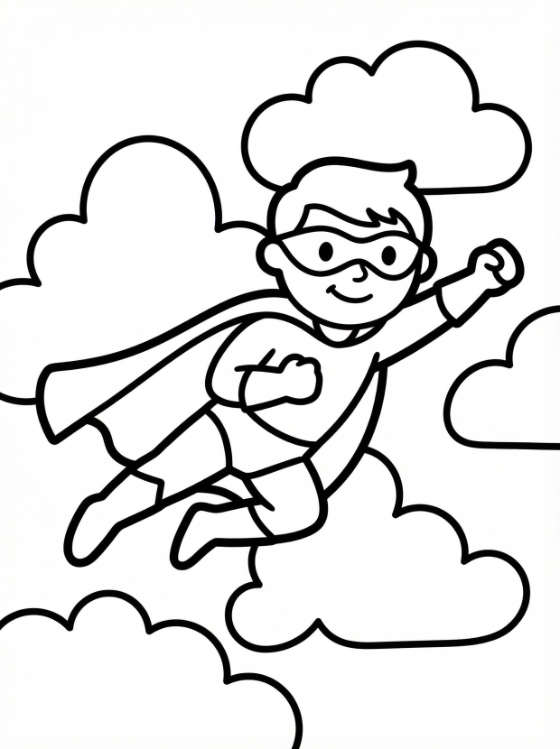 Free printable coloring page showing a flying superhero in the clouds, perfect for kids to practice hand eye coordination and creativity