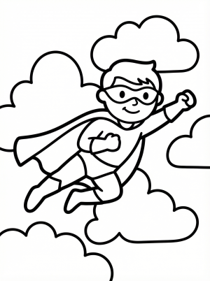 Free printable coloring page showing a flying superhero in the clouds, perfect for kids to practice hand eye coordination and creativity