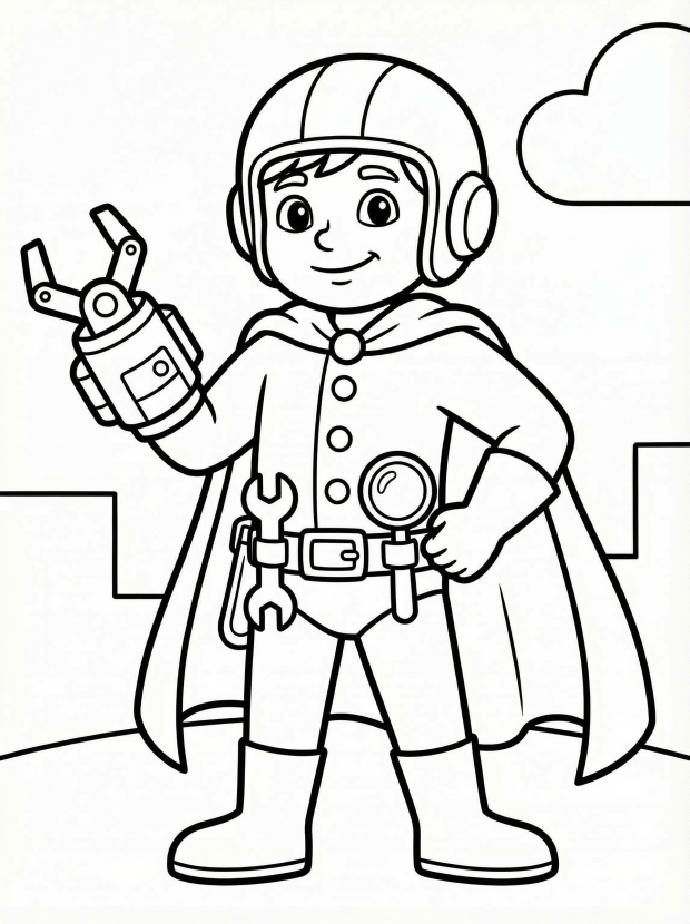 Free printable coloring page showing a hero with gadgets and tools, perfect for kids to explore creativity and fine motor practice
