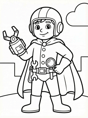 Free printable coloring page showing a hero with gadgets and tools, perfect for kids to explore creativity and fine motor practice