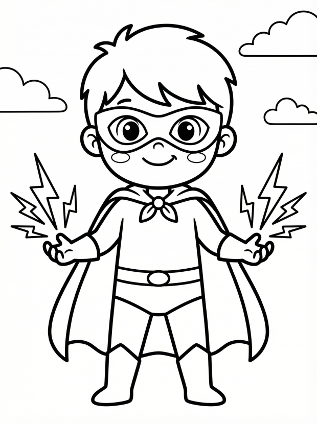 Free printable coloring page showing a hero with lightning powers and cape, perfect for kids to practice coloring and imagination