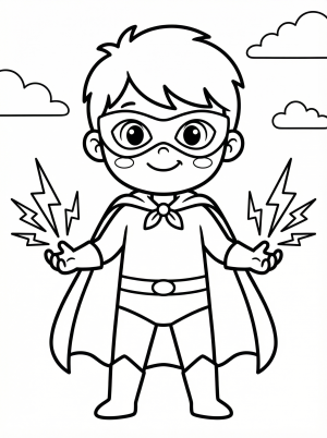 Free printable coloring page showing a hero with lightning powers and cape, perfect for kids to practice coloring and imagination