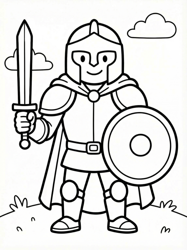Free printable coloring page showing a hero in armor with a shield and sword, perfect for kids to practice coloring skills and creativity