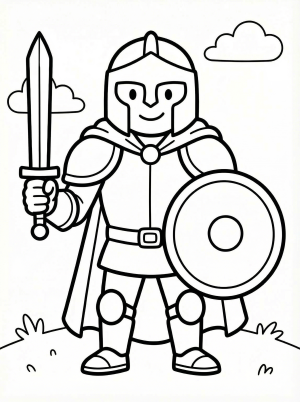 Free printable coloring page showing a hero in armor with a shield and sword, perfect for kids to practice coloring skills and creativity
