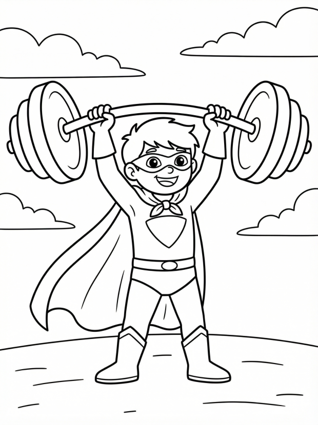 Free printable coloring page showing a strong hero lifting heavy objects, perfect for kids to practice fine motor skills and creativity