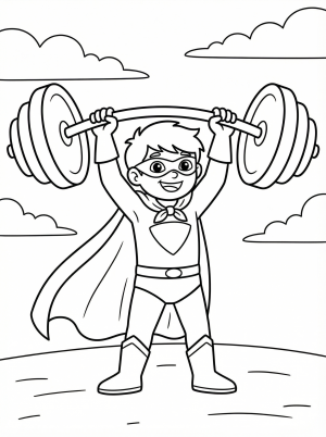 Free printable coloring page showing a strong hero lifting heavy objects, perfect for kids to practice fine motor skills and creativity