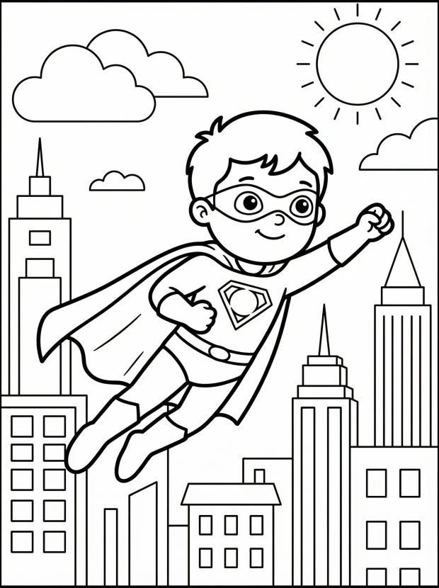 Free printable coloring page showing a superhero flying through a city skyline, perfect for kids to practice creativity and color recognition