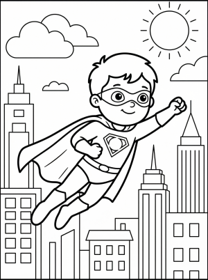 Free printable coloring page showing a superhero flying through a city skyline, perfect for kids to practice creativity and color recognition