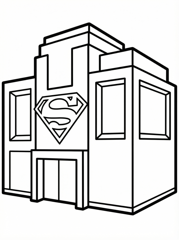 Free printable coloring page showing a superhero headquarters building with emblem, perfect for kids to practice coloring and spatial reasoning