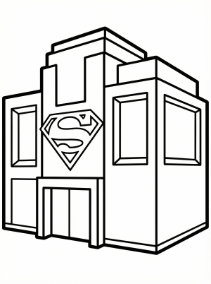 Free printable coloring page showing a superhero headquarters building with emblem, perfect for kids to practice coloring and spatial reasoning