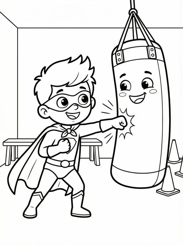 Free printable coloring page showing a child superhero punching a smiling punching bag, perfect for kids to practice creativity and fine motor skills