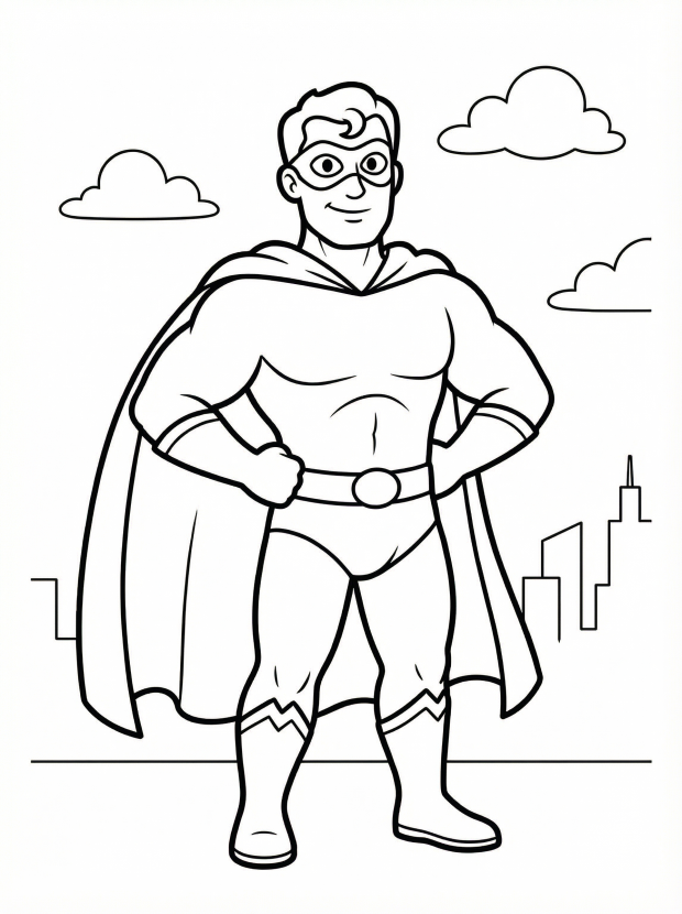 Free printable coloring page showing a superhero with cape and mask, perfect for kids to practice coloring and spark imaginative play
