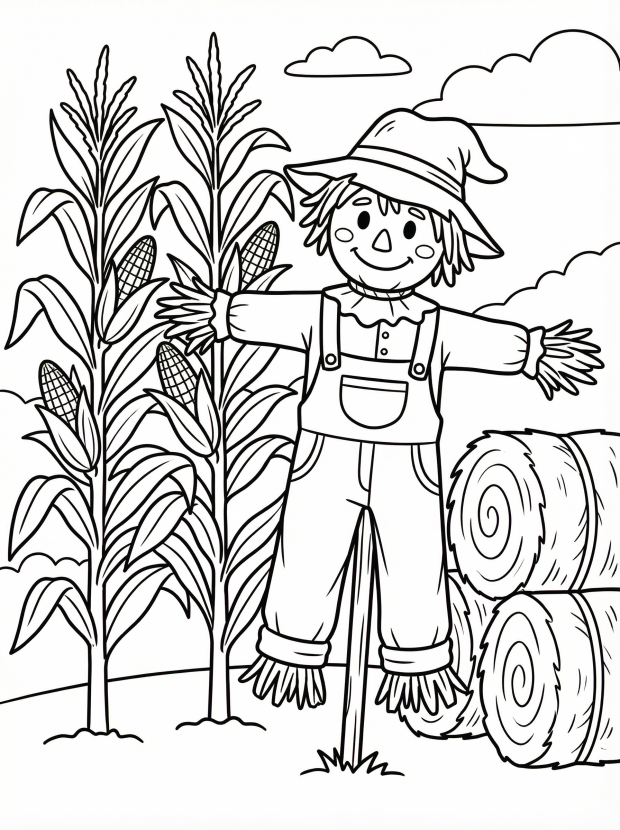 Free printable coloring page showing corn stalks hay bales and a scarecrow, perfect for kids to practice fine motor skills and creativity
