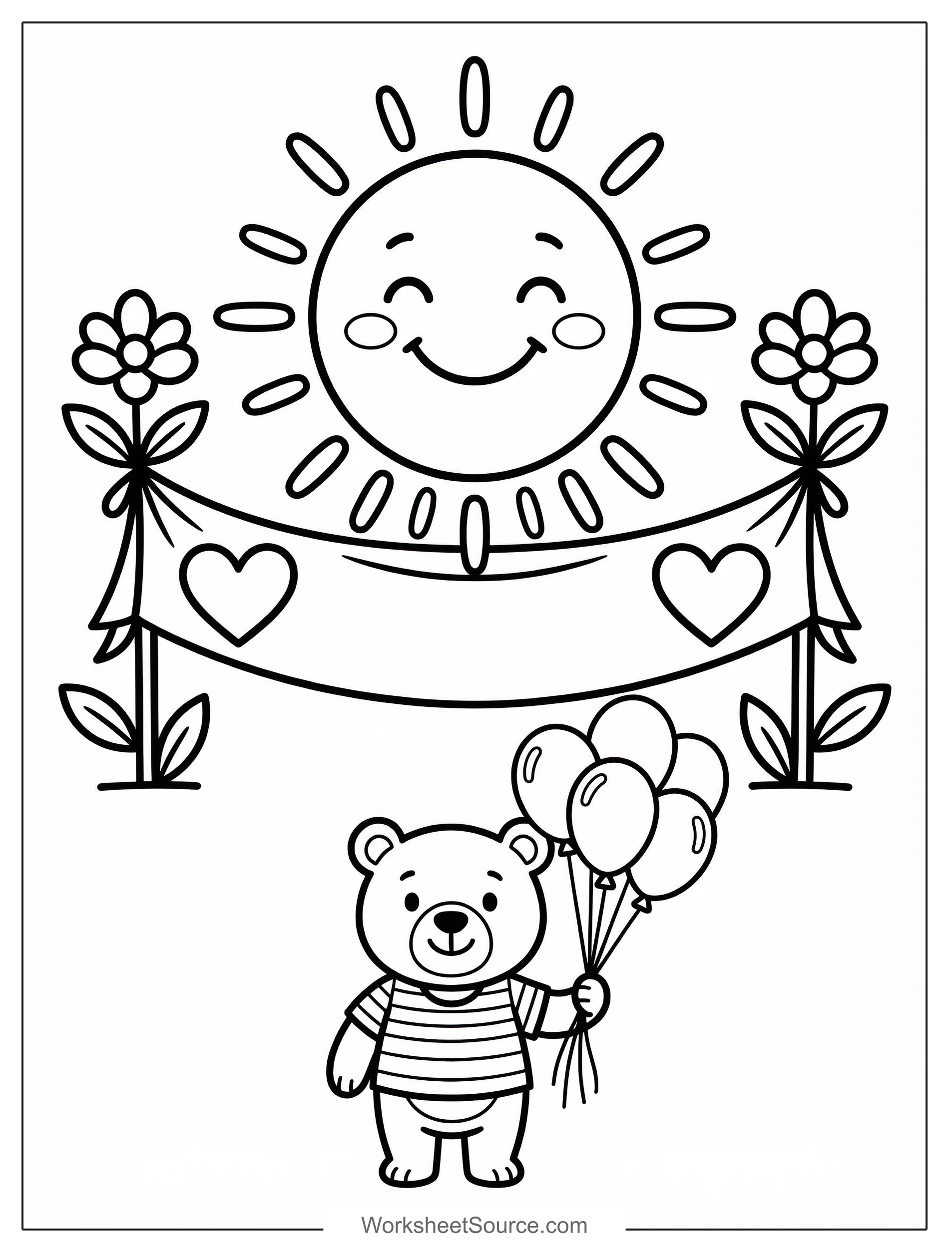 Free printable coloring page showing a gratitude banner with hearts and a bear holding balloons, perfect for kids to practice creativity and focus.