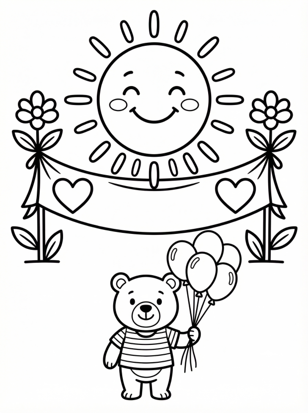 Free printable coloring page showing a gratitude banner with hearts and a bear holding balloons, perfect for kids to practice creativity and focus.