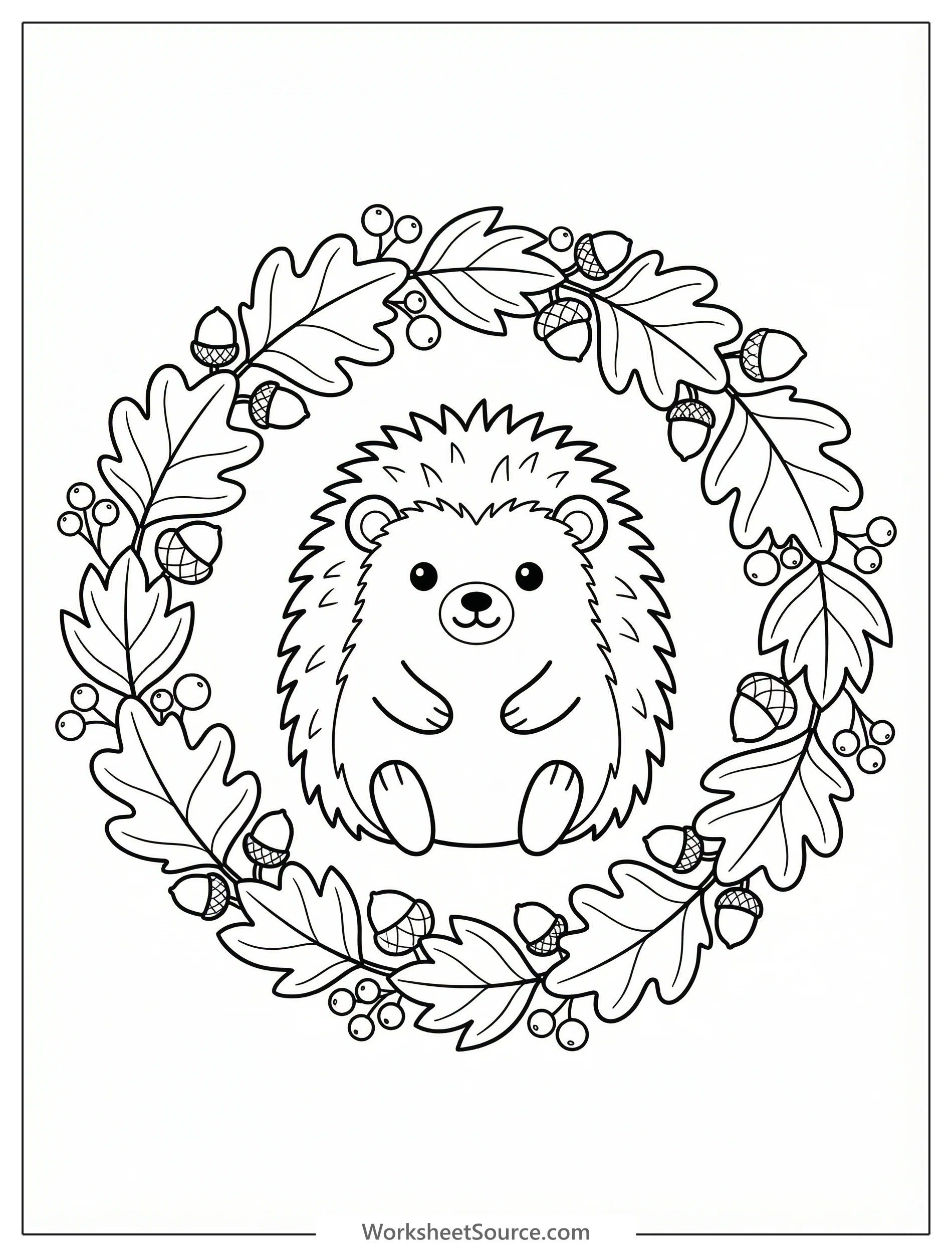 An intricate coloring page featuring a bountiful autumn wreath. It showcases various fall leaves, ripe acorns, and clusters of small berries, ready for coloring.