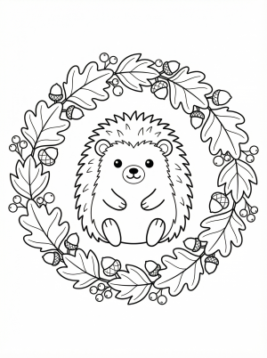 An intricate coloring page featuring a bountiful autumn wreath. It showcases various fall leaves, ripe acorns, and clusters of small berries, ready for coloring.