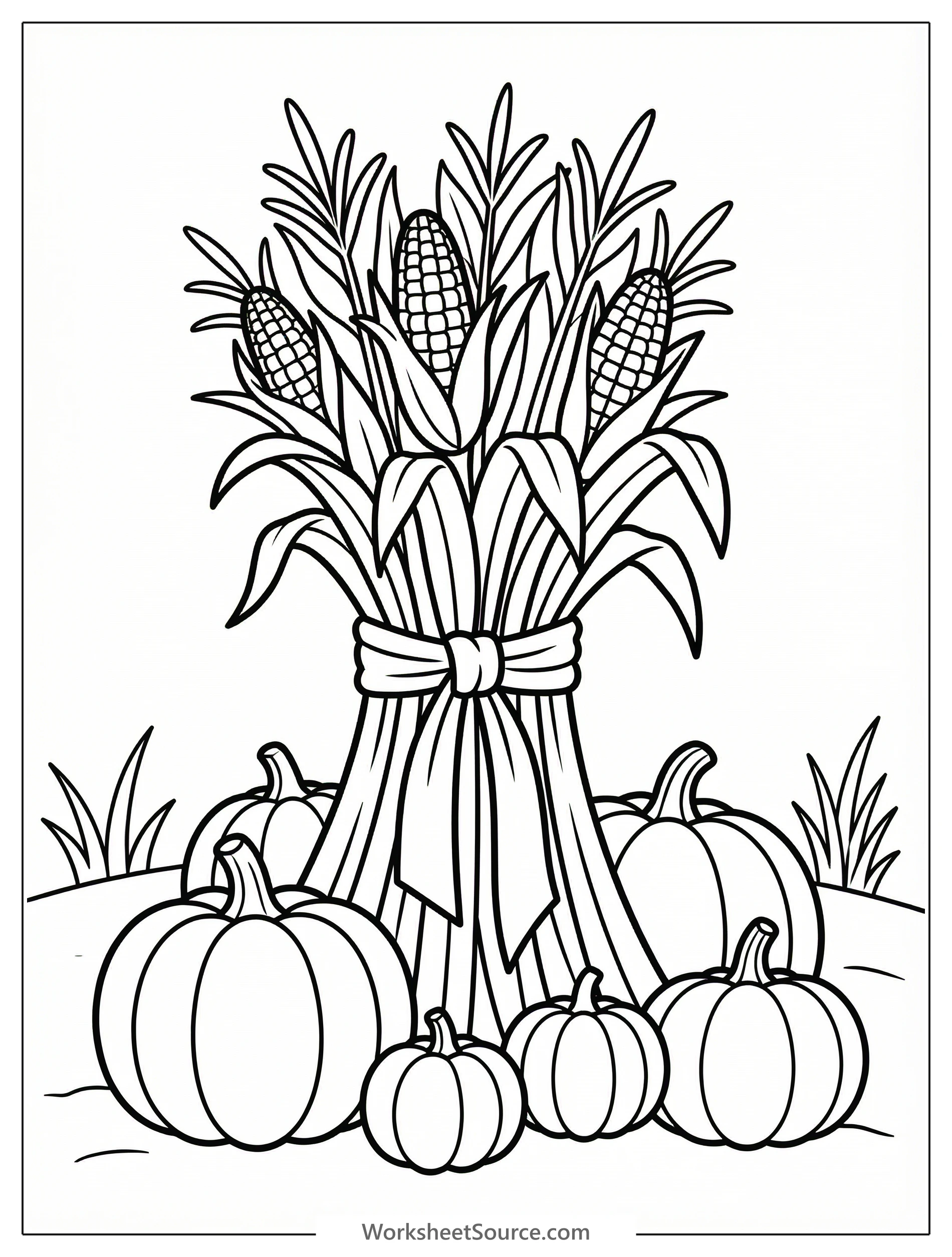 Outline drawing of a tall bundle of dried corn stalks tied together with a ribbon. Several round pumpkins rest at the base of the stalks. A quintessential fall harvest scene.