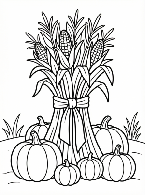Outline drawing of a tall bundle of dried corn stalks tied together with a ribbon. Several round pumpkins rest at the base of the stalks. A quintessential fall harvest scene.