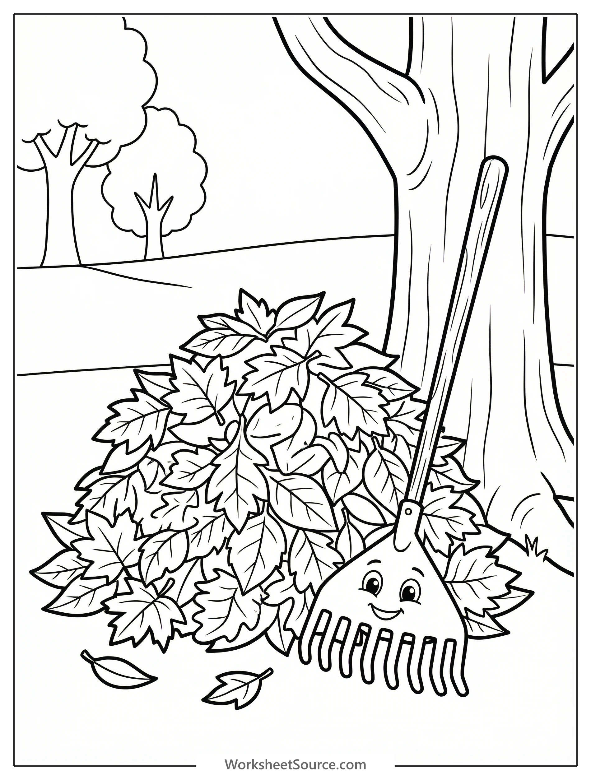 A joyous children's coloring page featuring a large, inviting pile of autumn leaves. A long handled rake leans against a tree trunk in the background, suggesting recent activity and outdoor fun. The s