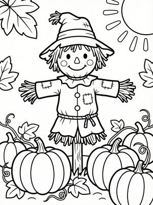 A friendly scarecrow wearing a straw hat and patchwork clothes stands happily in a vibrant pumpkin patch, surrounded by many pumpkins.