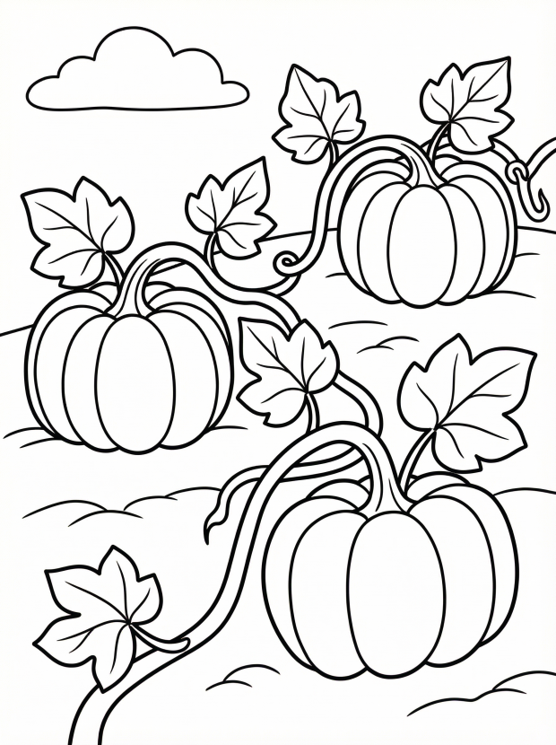 Free printable coloring page showing pumpkins in a field, perfect for kids to practice coloring and explore autumn colors and shapes