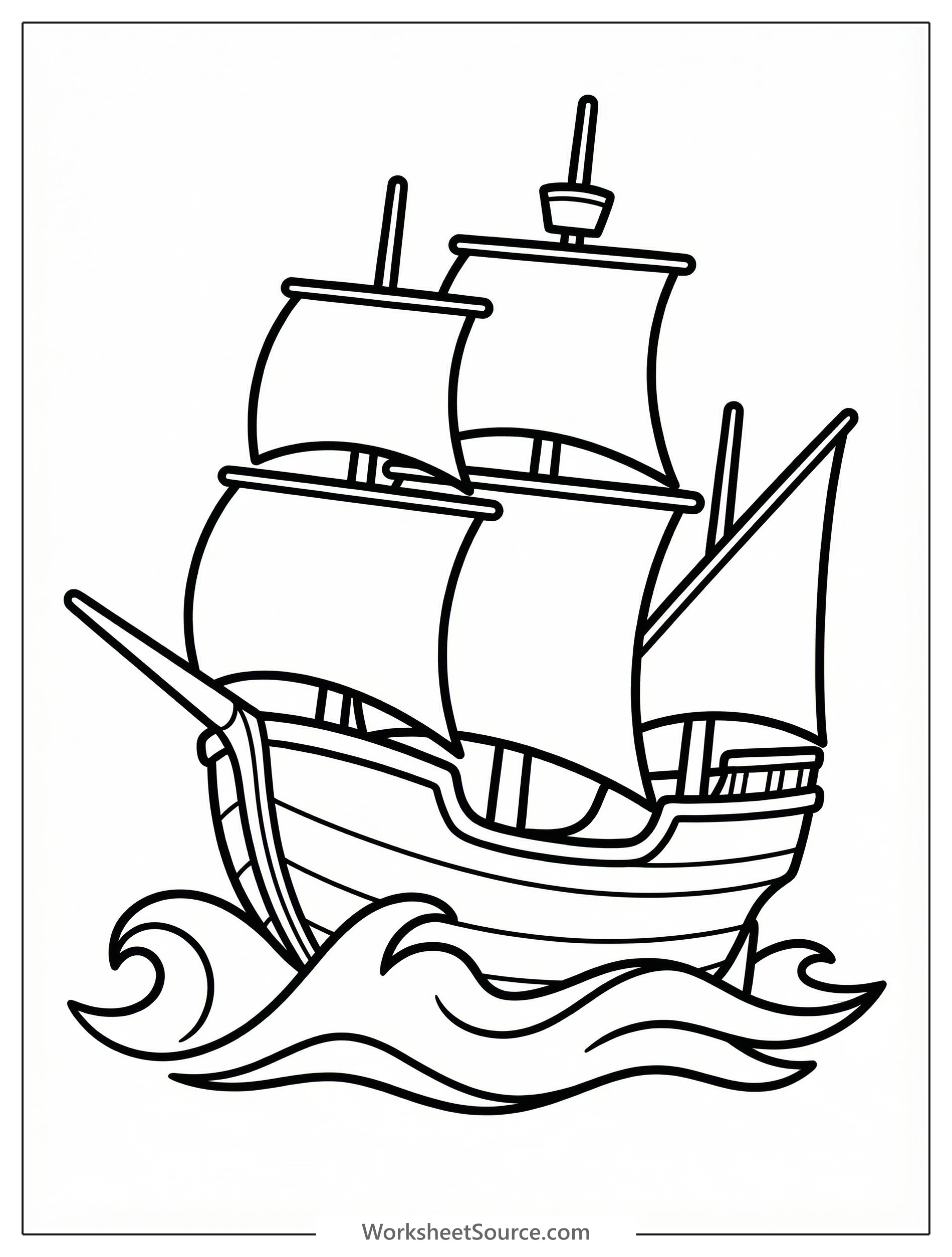 Detailed line art of the Mayflower sailing ship with large billowing sails on a wavy ocean, depicting its historic voyage for children to color.