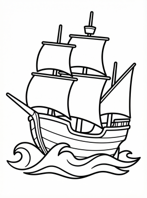 Detailed line art of the Mayflower sailing ship with large billowing sails on a wavy ocean, depicting its historic voyage for children to color.