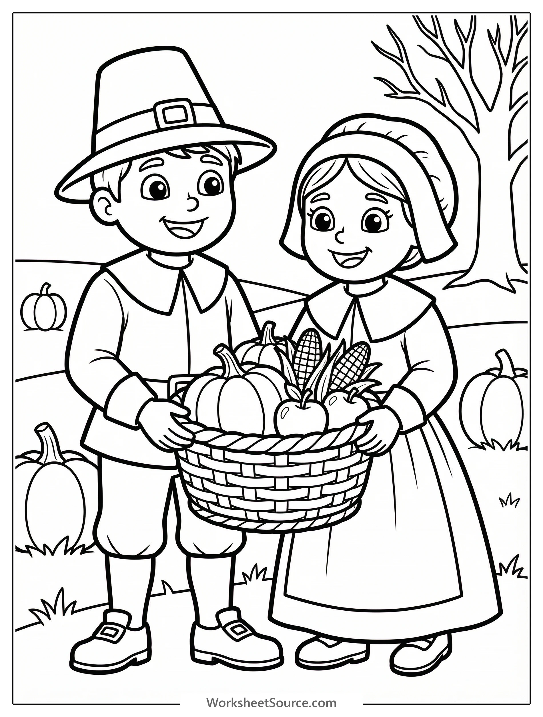 Two smiling pilgrim children, a boy and a girl, in traditional colonial clothing. The boy wears a hat and the girl a bonnet. They hold a large harvest basket filled with pumpkins, corn, and gourds, ce