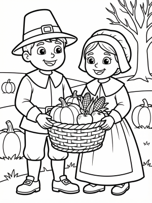 Two smiling pilgrim children, a boy and a girl, in traditional colonial clothing. The boy wears a hat and the girl a bonnet. They hold a large harvest basket filled with pumpkins, corn, and gourds, ce
